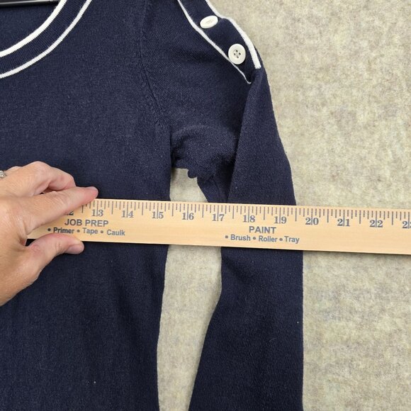 Ann Taylor Loft Navy Pullover Sweater With Button Shoulder & White Trim Accents - Picture 5 of 5